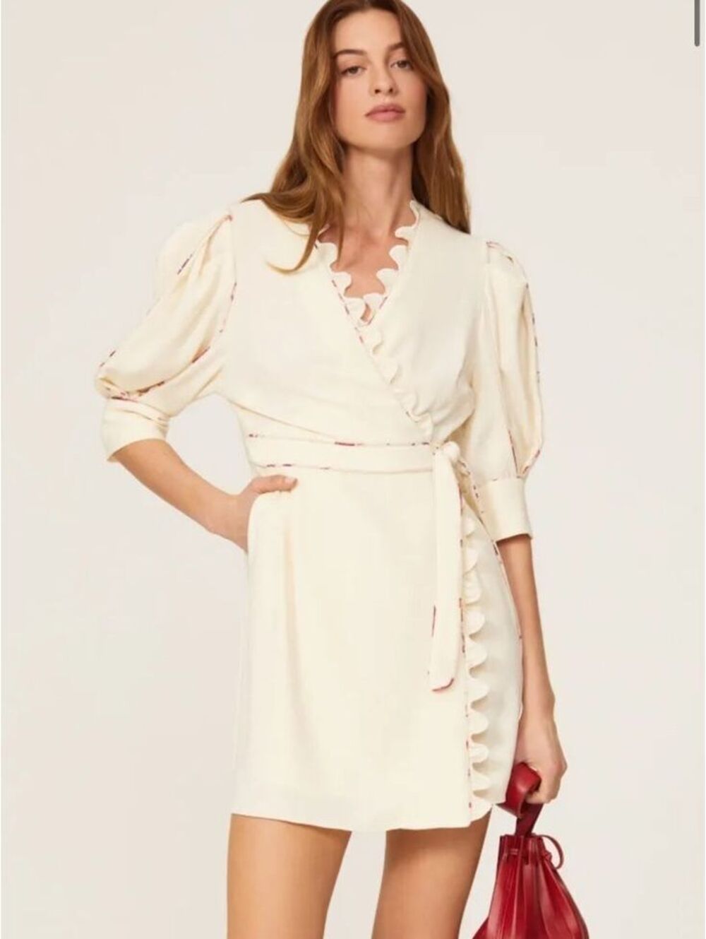 Hofmann Copenhagen Krista Wrap Dress Cream Pink Trim Ruffle Puff Sleeve Size 42